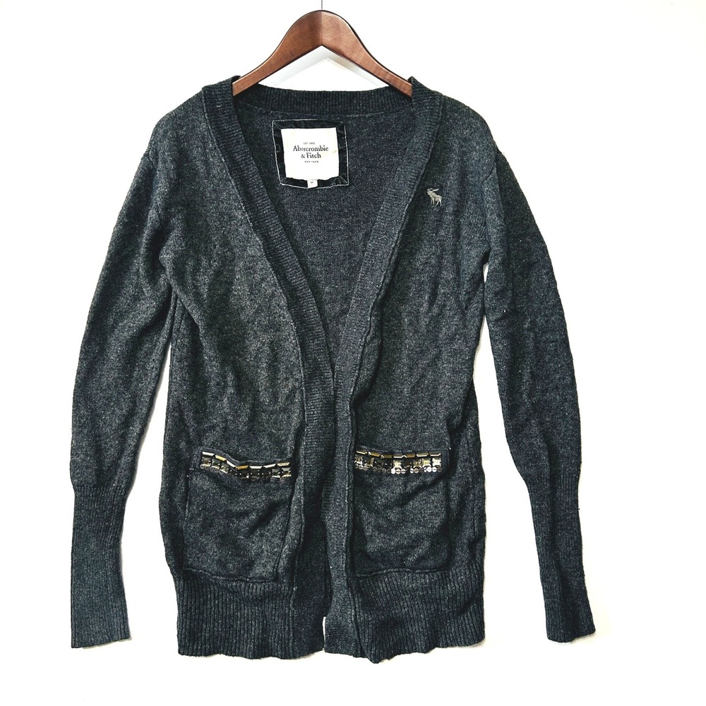 Abercrombie & Fitch Womens Gray Wool Gem Embellished Cardigan Sweater M Grandpa